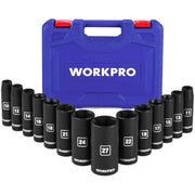 Blue storage case with black deep impact sockets arranged around the base