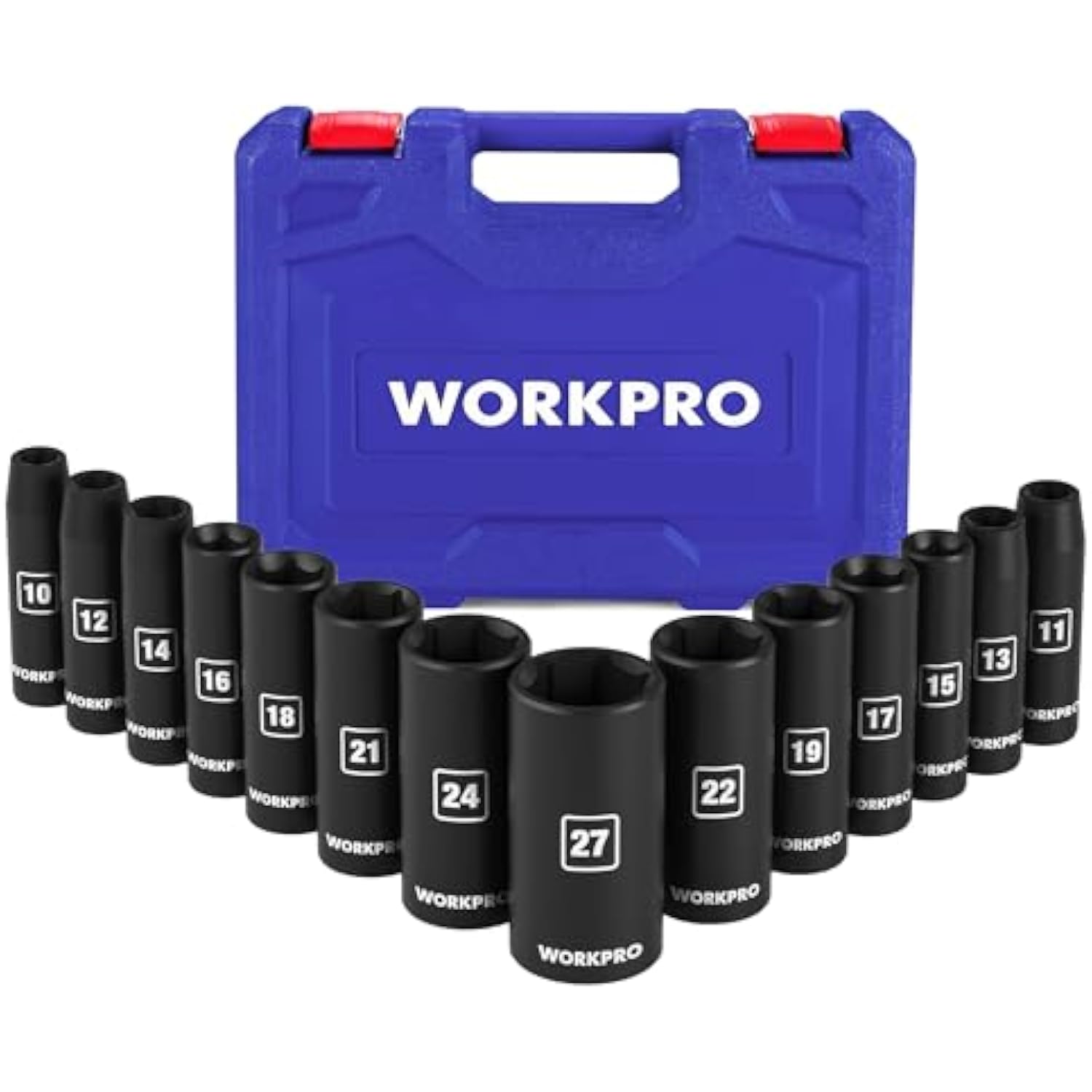 Blue storage case with black deep impact sockets arranged around the base
