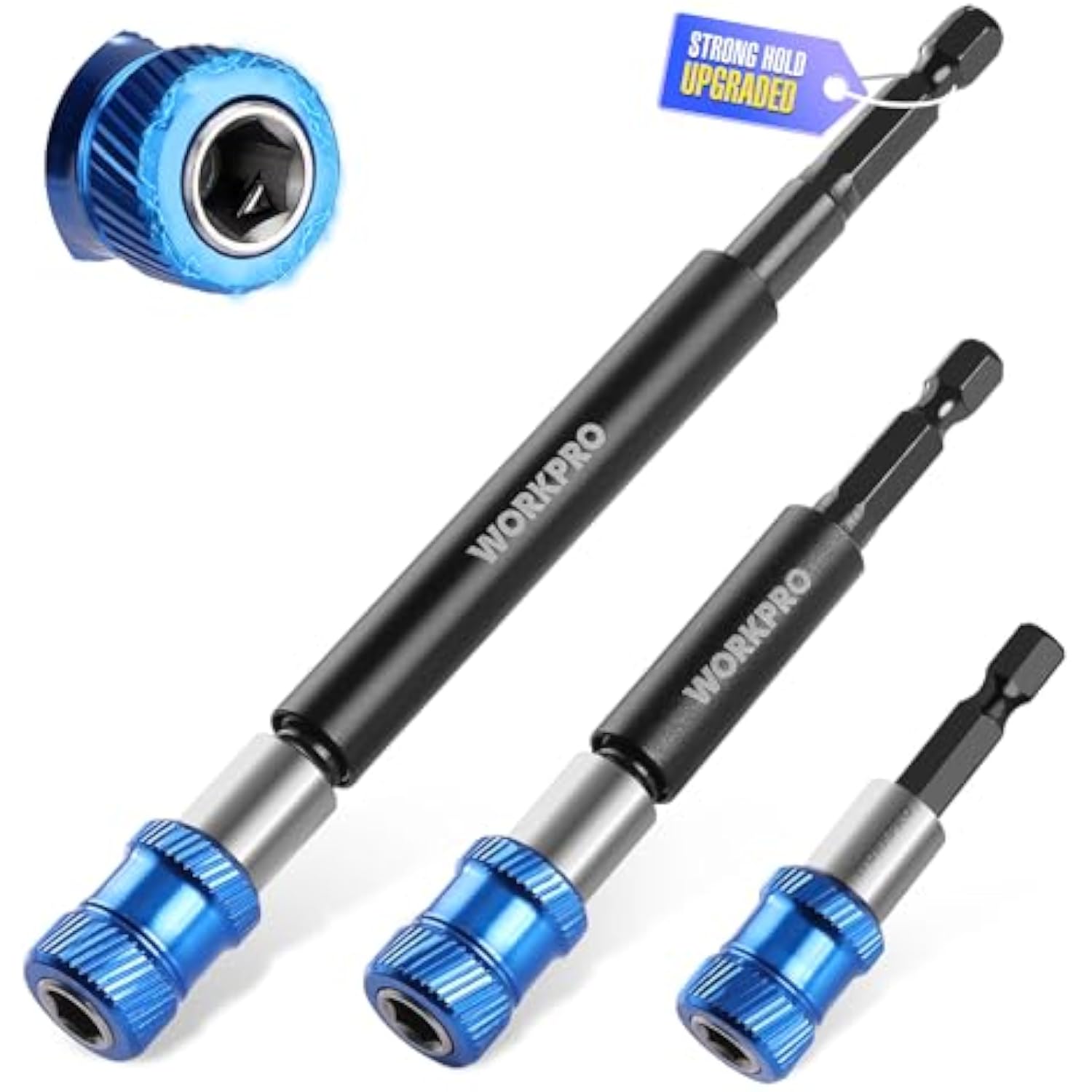Three WORKPRO drill bit holder extenders with blue aluminum sleeves and hex ends