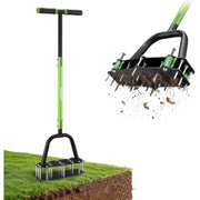 Manual lawn aerator with green vertical handle and black spike plate for aerating lawns