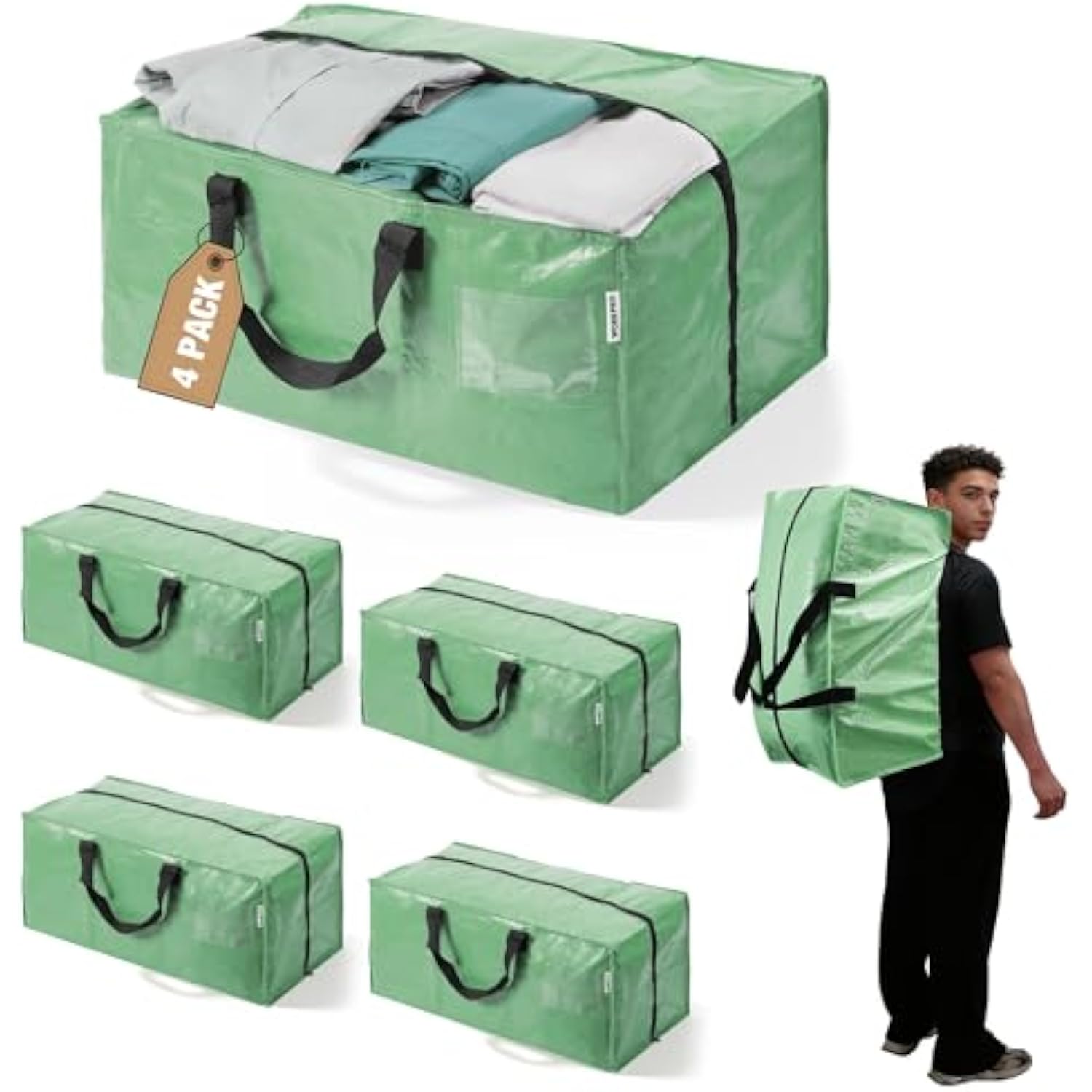 Green 4-pack foldable moving bags with zipper tops and black carry handles