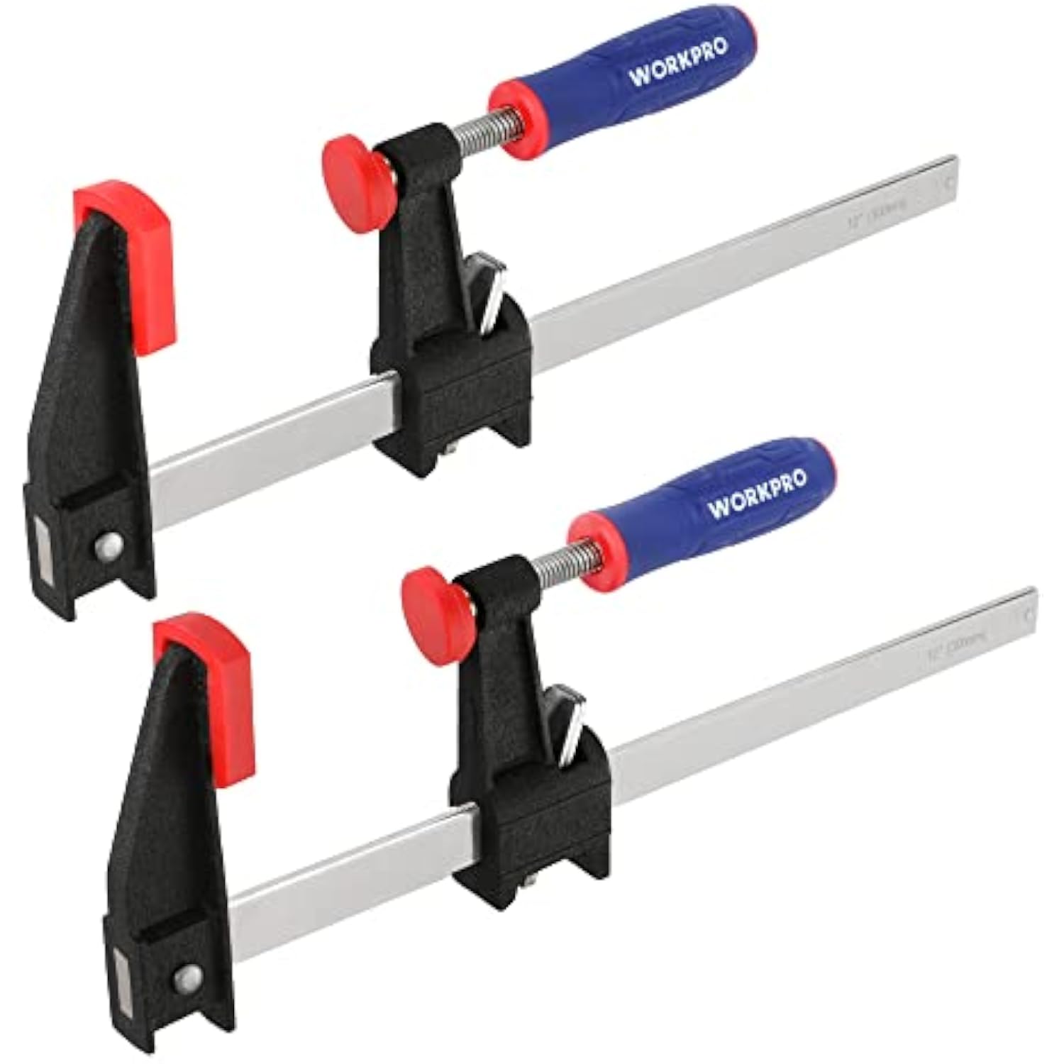 Two 12-inch steel bar clamps with red/blue handles, black jaws, and silver rails