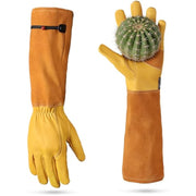 Pair of yellow and brown long leather gardening gloves with black wrist strap and cactus