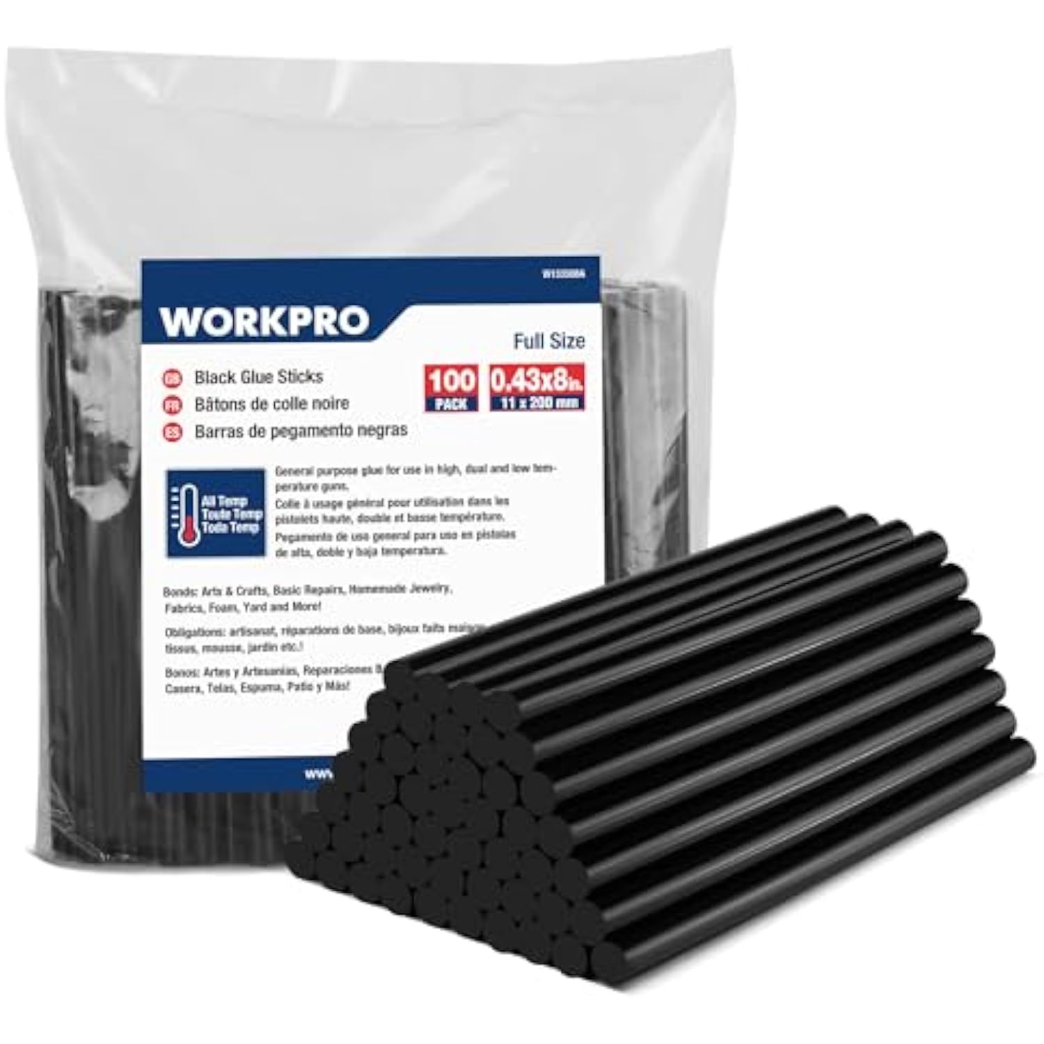 WORKPRO black hot melt glue sticks, 100 pack, 0.43x8 in with pouch and sticks