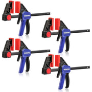 Set of four 6-inch bar clamps with red jaw pads, blue trigger handles, and black frames