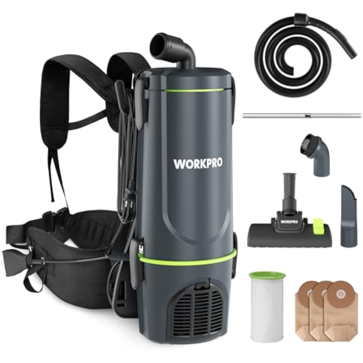 WORKPRO Commercial Backpack Vacuum Cleaner, 6-Quart, 1200W Motor, Lightweight with 23-Foot Long Cord, Portable Vacuum Backpack for Stairs, Carpet and Hard Floors