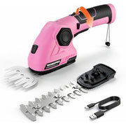 Pink 2-in-1 cordless trimmer kit with hedge/grass blades and USB charging cable