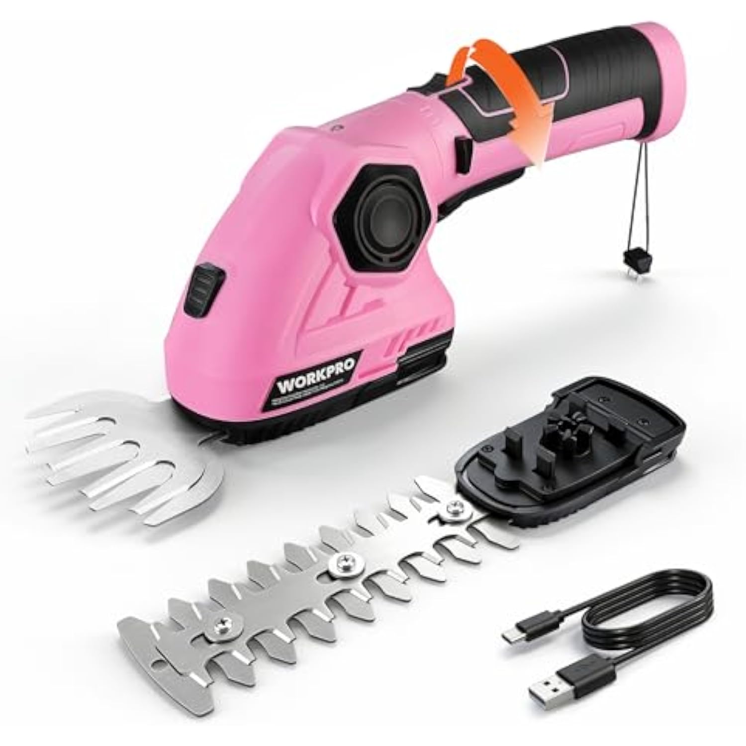Pink 2-in-1 cordless trimmer kit with hedge/grass blades and USB charging cable