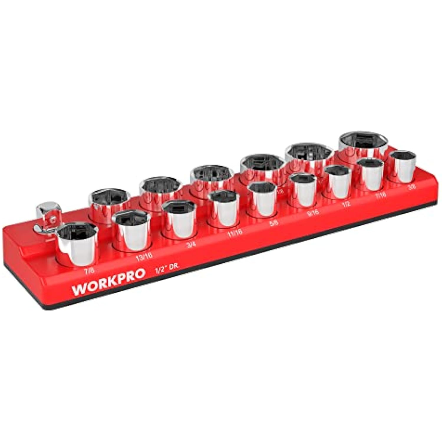 Red 1/2-inch drive magnetic socket organizer with chrome socket cup holders