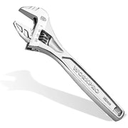 Adjustable wrench with open jaw and engraved handle, chrome plated finish