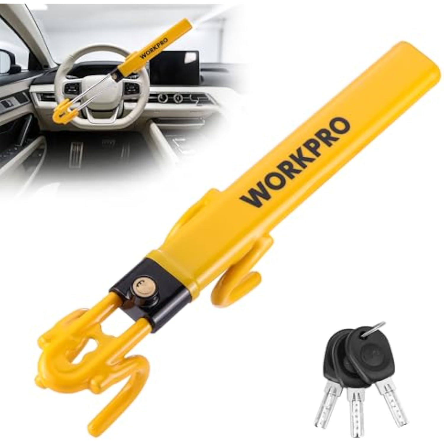 WORKPRO Steering Wheel Lock, Heavy Duty Anti-Theft Car Device with Double Hooks, Adjustable Universal Fit for Cars, Trucks and SUVs, Visible Security Lock with 3 Keys