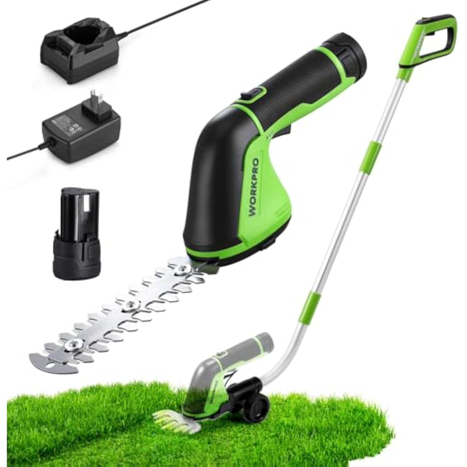 WORKPRO 12V Cordless Grass Shear, 2-in-1 Electric Hedge Trimmer & Grass Cutter, with 37’’ Wheeled Extension Pole, 2.0Ah Battery, 1-Hour Fast Charger, Lightweight Bush Trimmer for Lawn and Garden