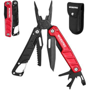 Red-and-black 11-in-1 multitool pliers with black sheath and pocket clip