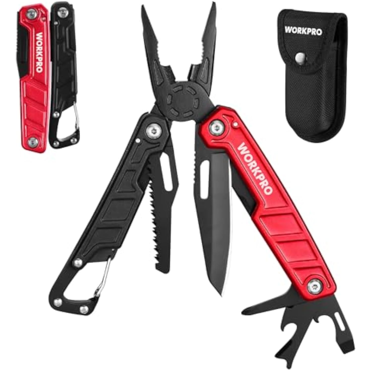 Red-and-black 11-in-1 multitool pliers with black sheath and pocket clip