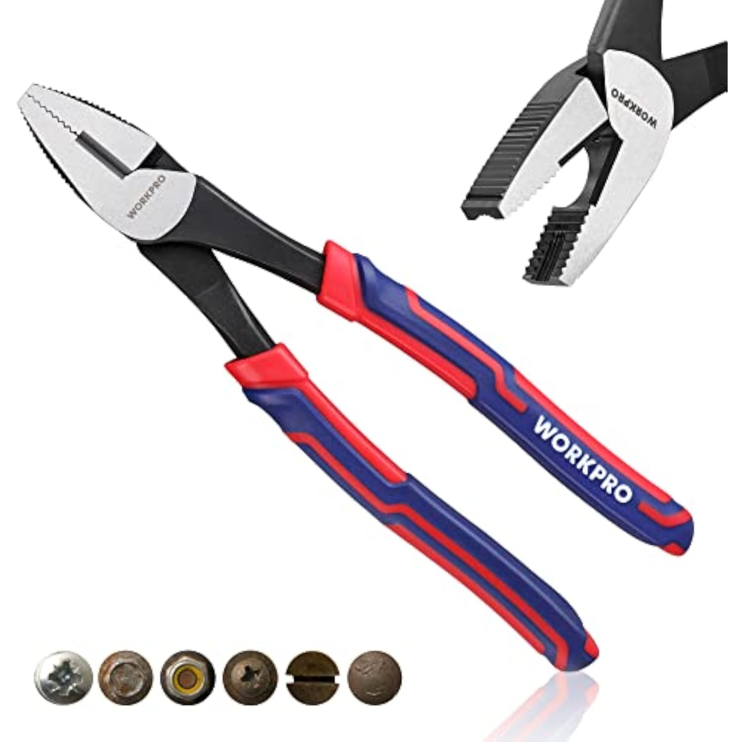 WORKPRO screw extractor pliers with black jaws and red-and-blue ergonomic comfort handles (pair)