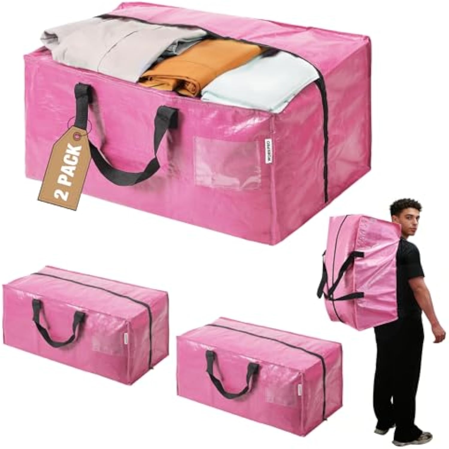 Set of pink extra-large moving storage totes with black handles and zipper closures