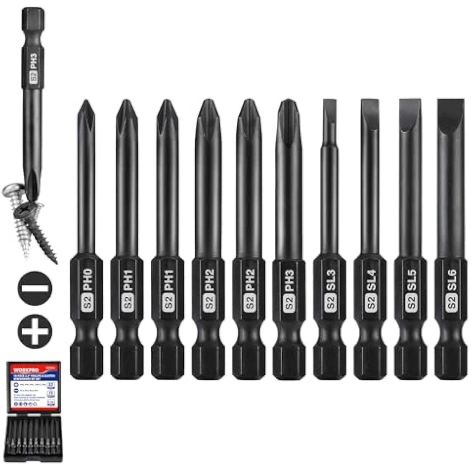 WORKPRO 10pcs Slotted Phillips Screwdriver Bit Set, CNC Machined S2 Steel Magnetic Screwdriver Bits Set, 1/4 Inch Hex Shank Driver Bits, 2.3 Inch Long Screwdriver Bits Set with Storage Box