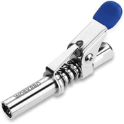 Metal grease coupler with blue non-slip rubber handle and quick-release lever