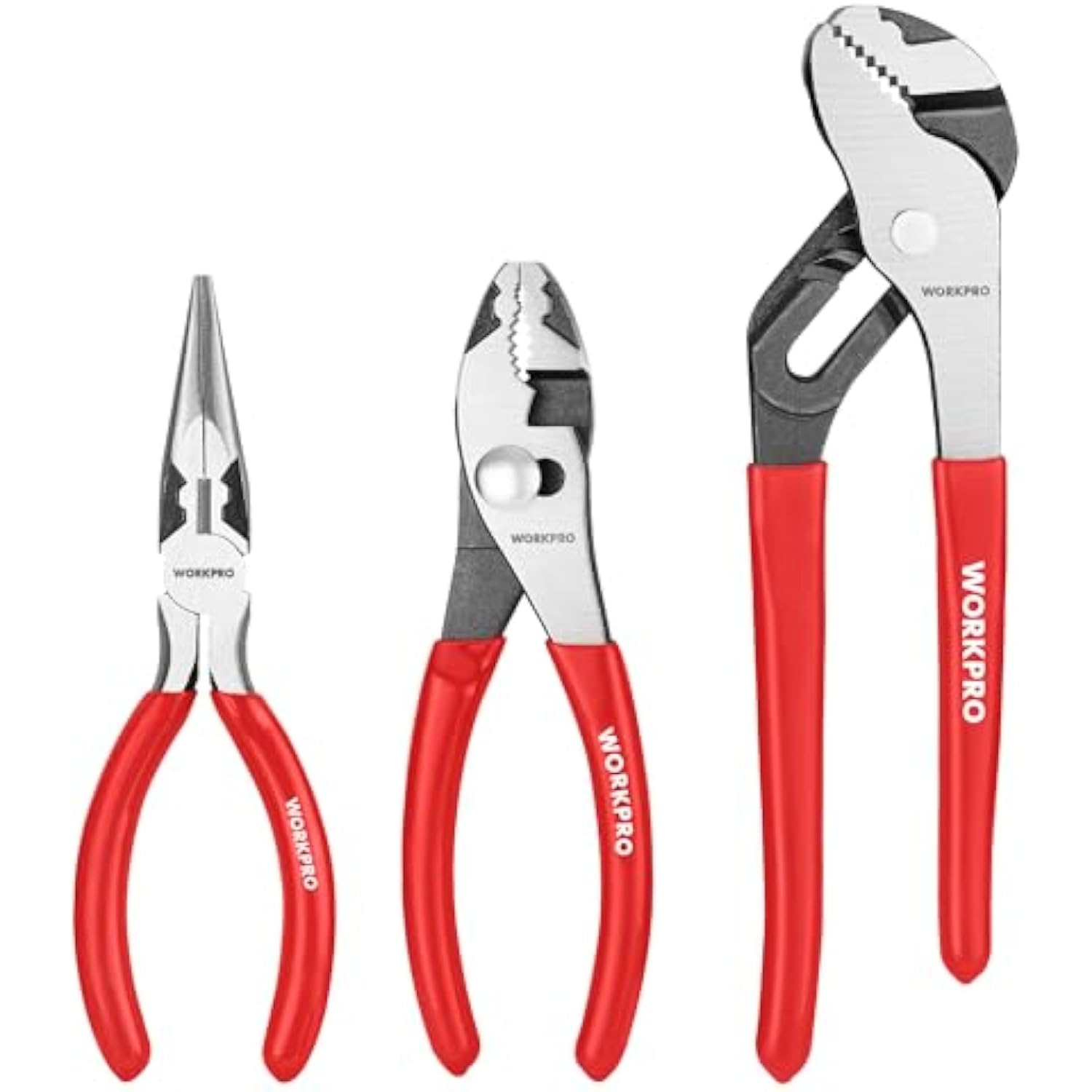 WORKPRO 3-piece pliers set: 6" needle-nose, 6" slip-joint, 8" groove-joint