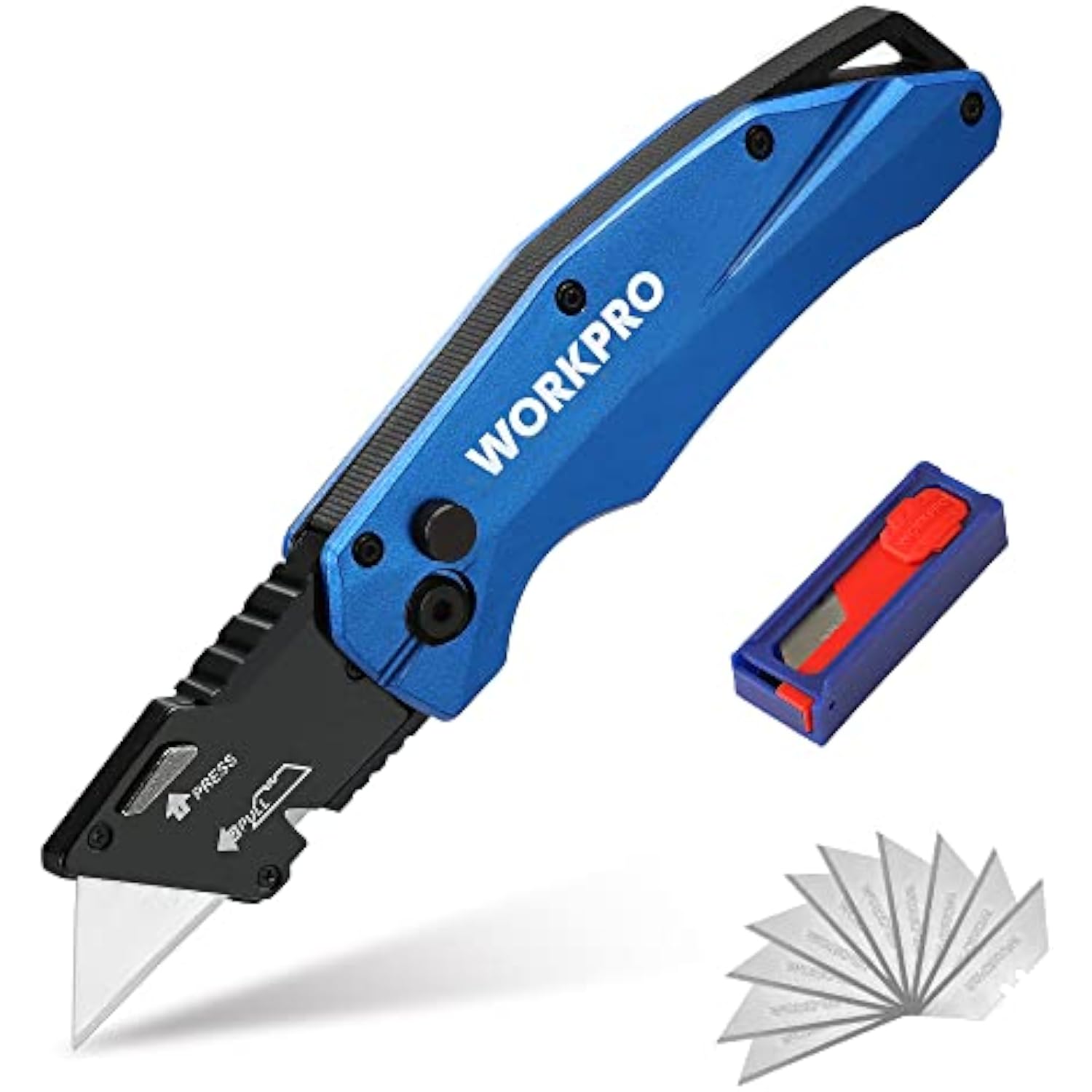 Blue and black folding utility knife with blade out and included blade storage case