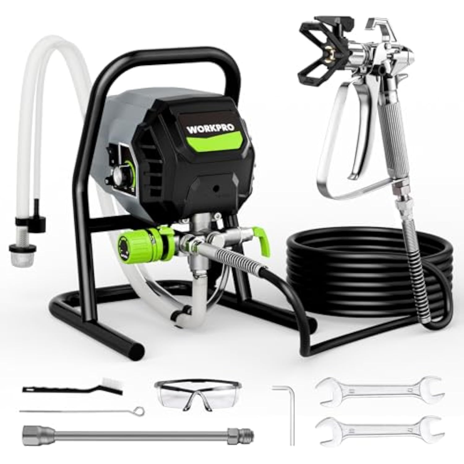 Airless paint sprayer base with spray gun, hose, and extension accessories with green parts
