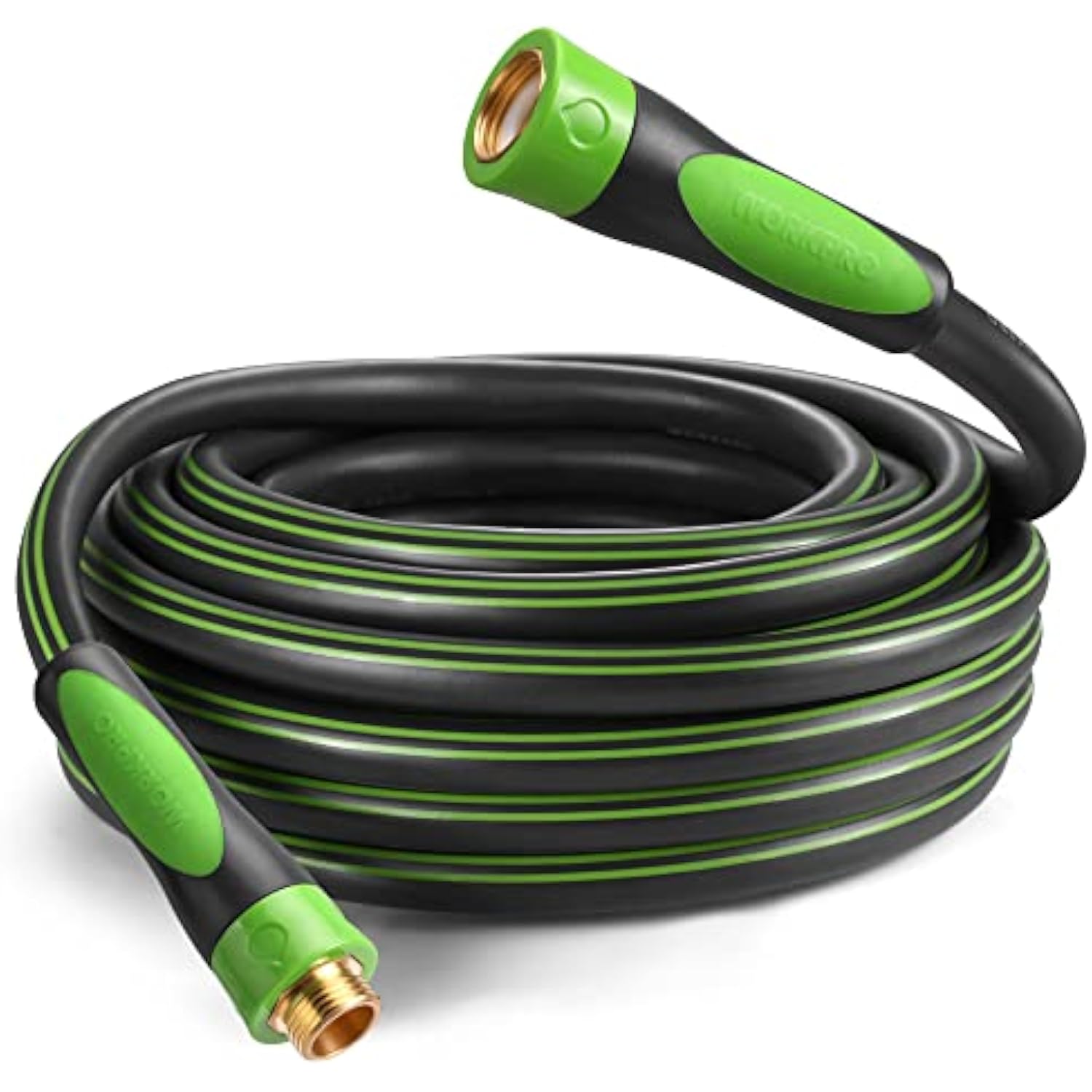 Rolled garden hose with green grips and brass end connectors