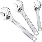 Three chrome-plated adjustable wrenches with engraved SAE and metric scales