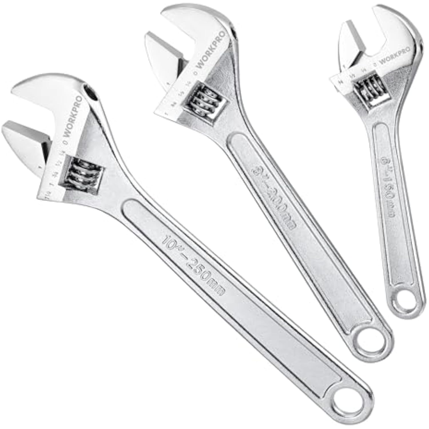 Three chrome-plated adjustable wrenches with engraved SAE and metric scales