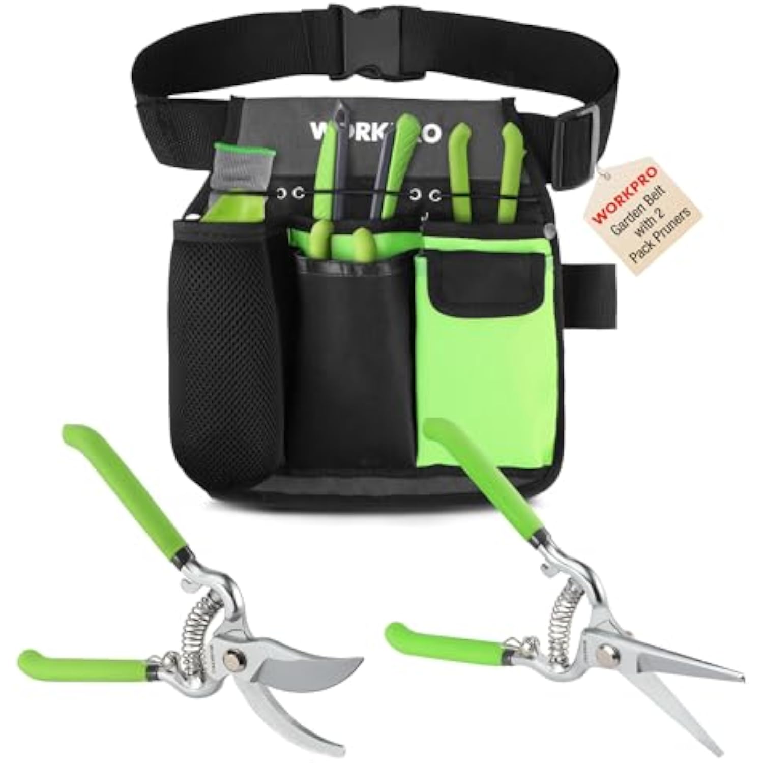 Black and green tool belt with two green-handled pruning shears attached
