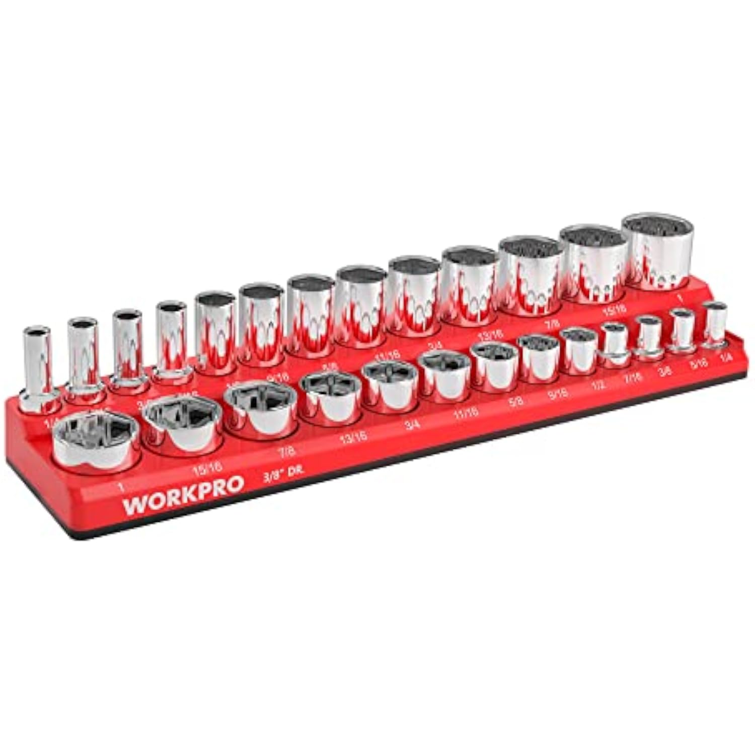 Red magnetic socket organizer tray with chrome SAE sockets, arranged in rows