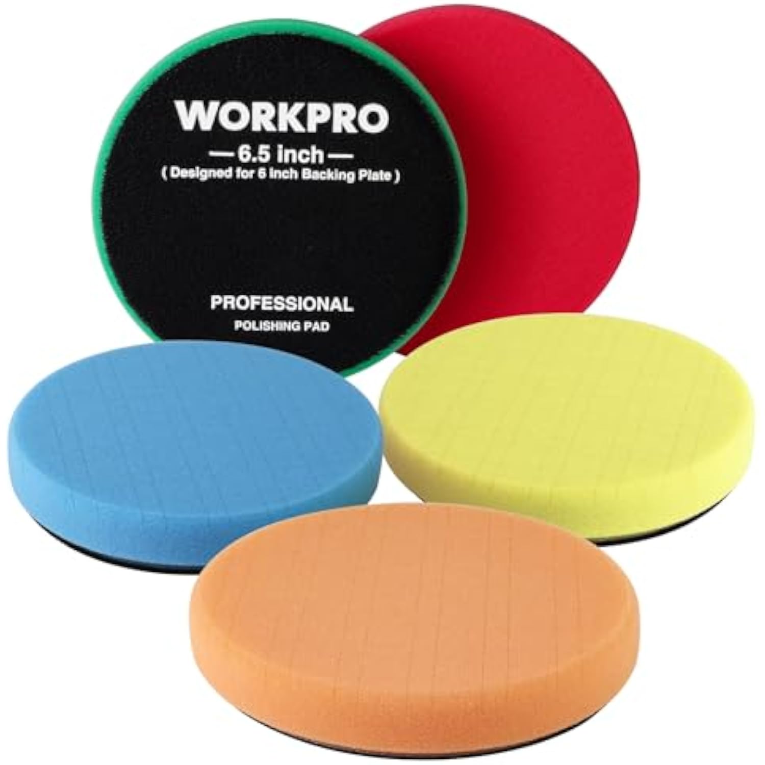 Five circular polishing sponge pads with black centers: black, red, blue, yellow, and orange.
