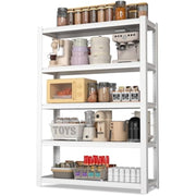 White 5-tier metal storage shelf with board shelves and mixed kitchen storage jars