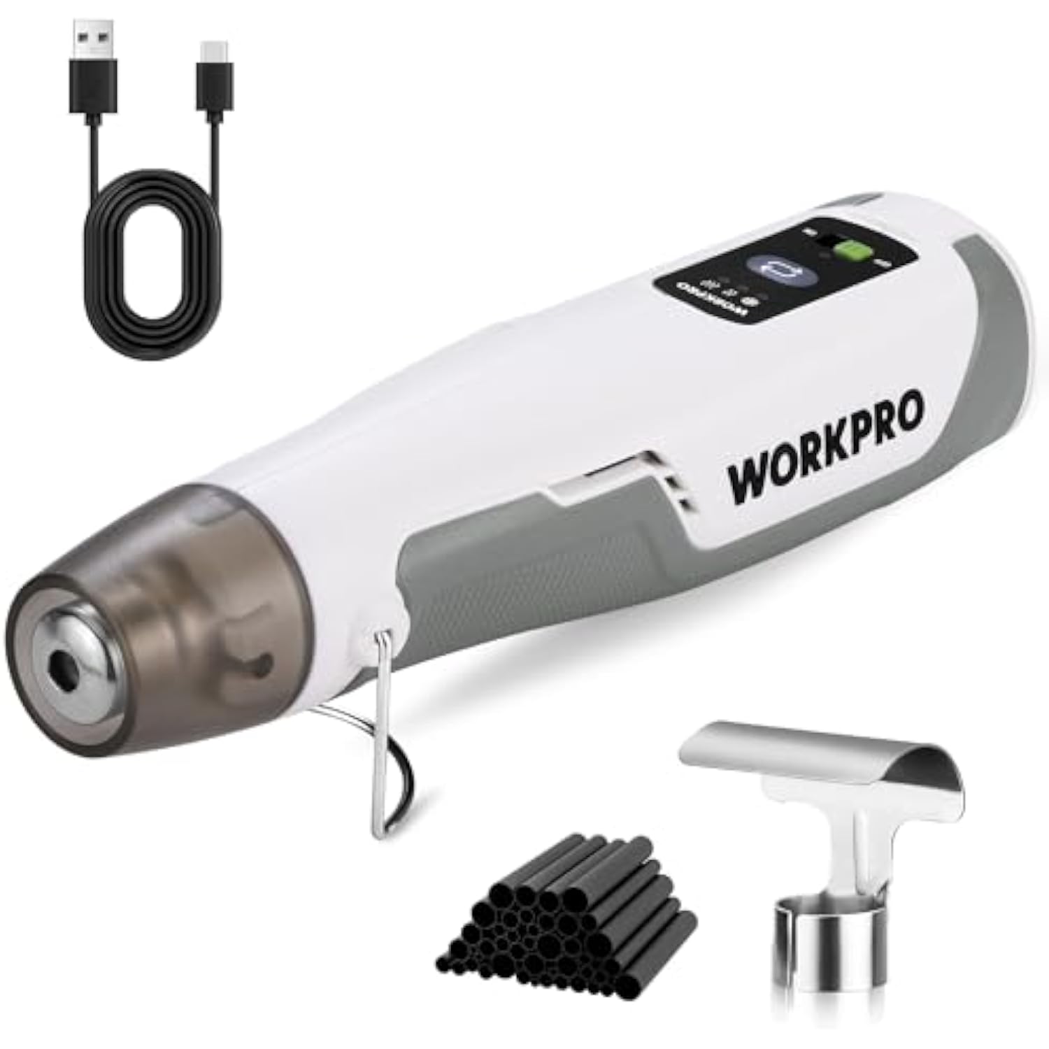Cordless mini heat gun kit with metal nozzle, stand, and included heat shrink tubes.