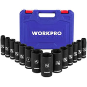 14-piece deep impact socket set, black sockets arranged around a blue storage case