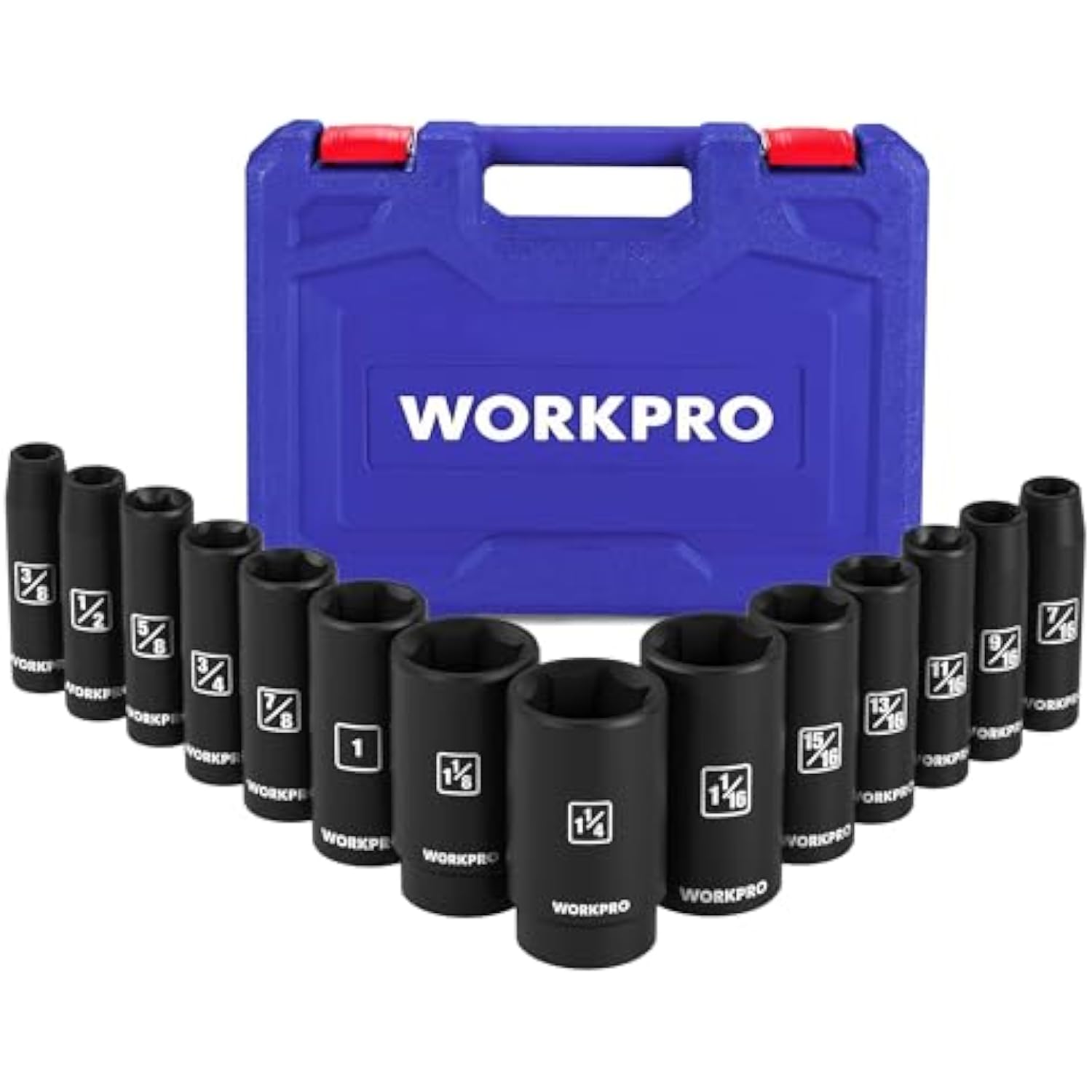 14-piece deep impact socket set, black sockets arranged around a blue storage case