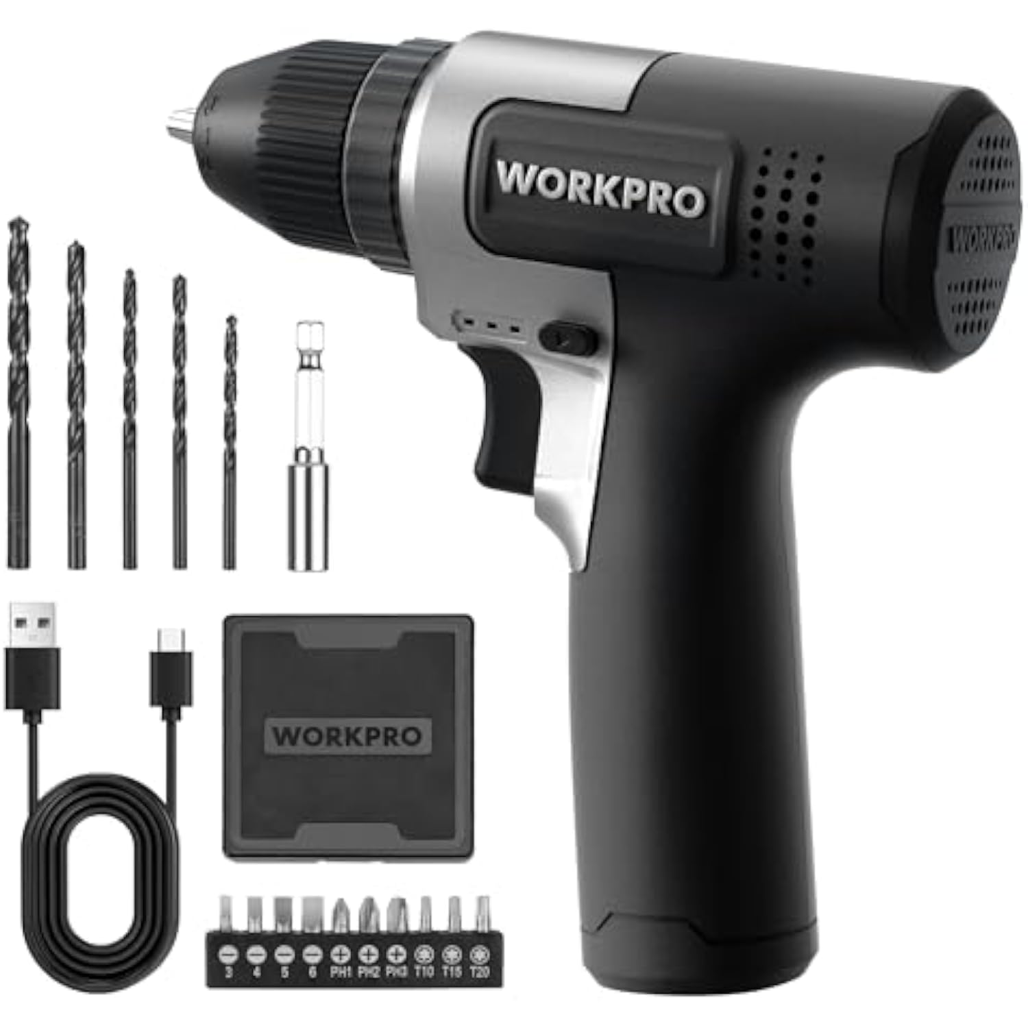 WORKPRO 8V Cordless Drill Set, 2Ah Electric Power Drill with 3/8'' Keyless Chuck, 15pcs Bits, Type-C Charging, Built-in LED and Variable Speed for Drilling and Screwing