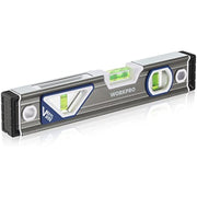 Gray torpedo level with black end caps and three green bubble vials, aluminum alloy