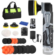 Cordless buffer polisher kit components, including pads, towel, power charger, and handheld tool