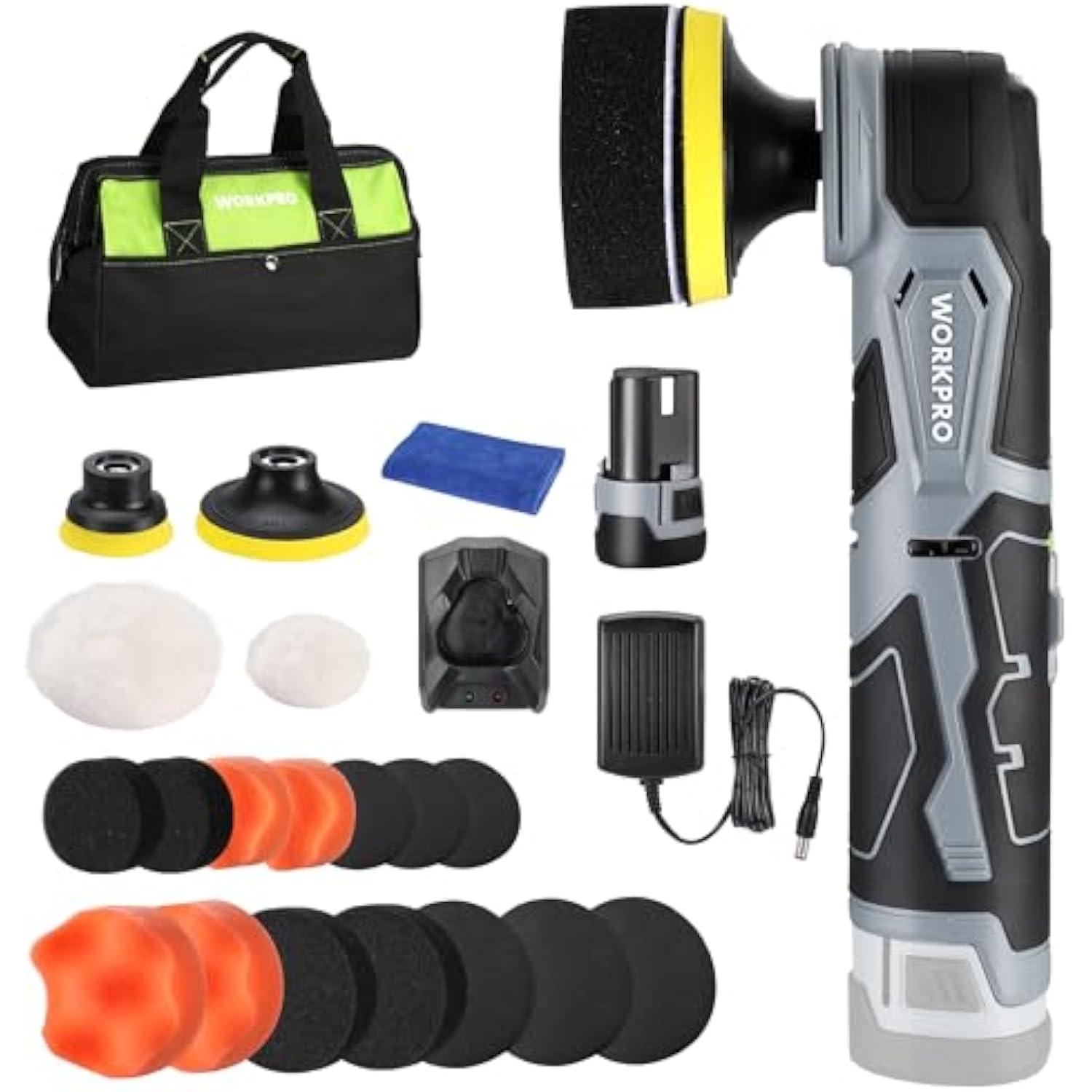 Cordless buffer polisher kit components, including pads, towel, power charger, and handheld tool