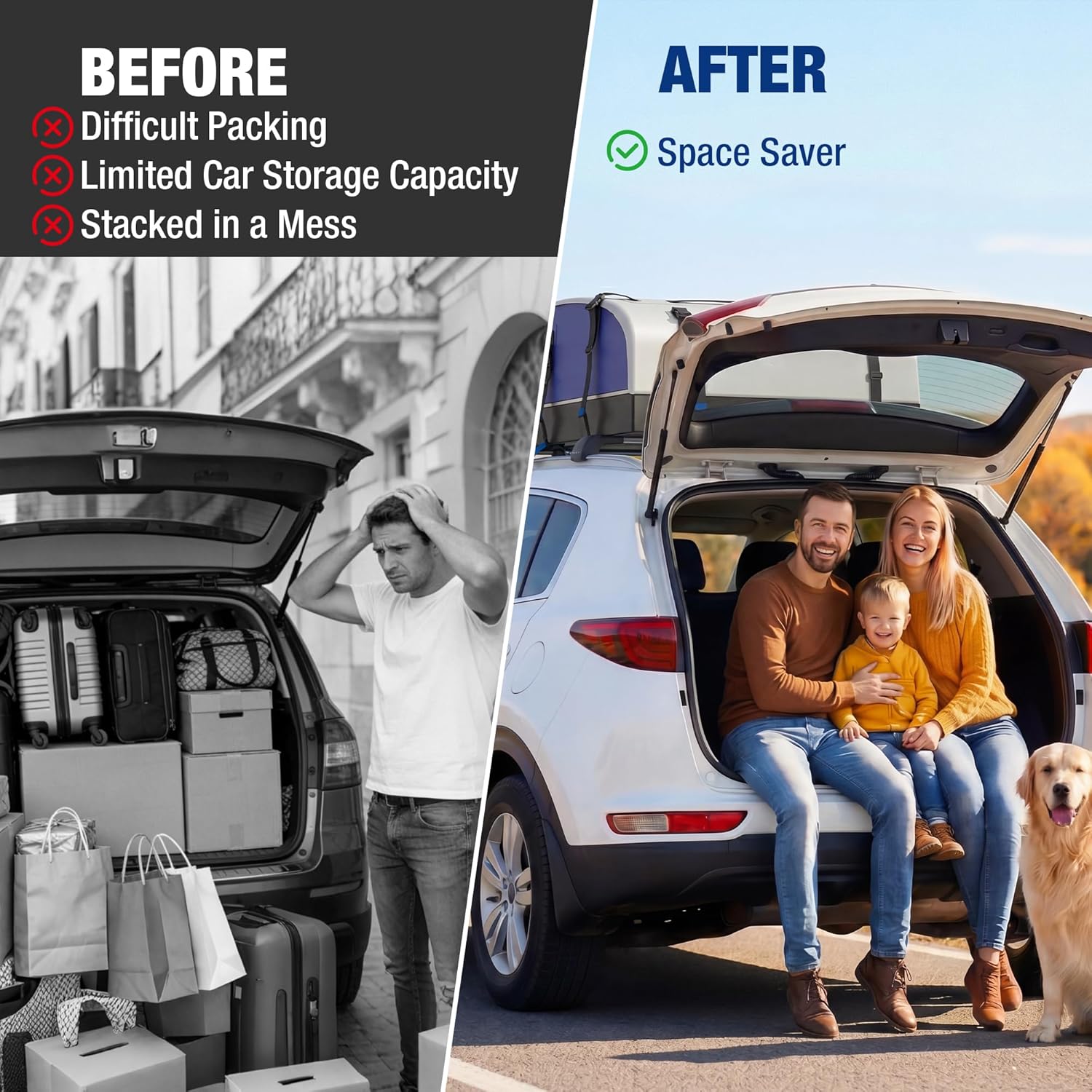 Rooftop cargo carrier on car roof with open rear hatch and family with dog