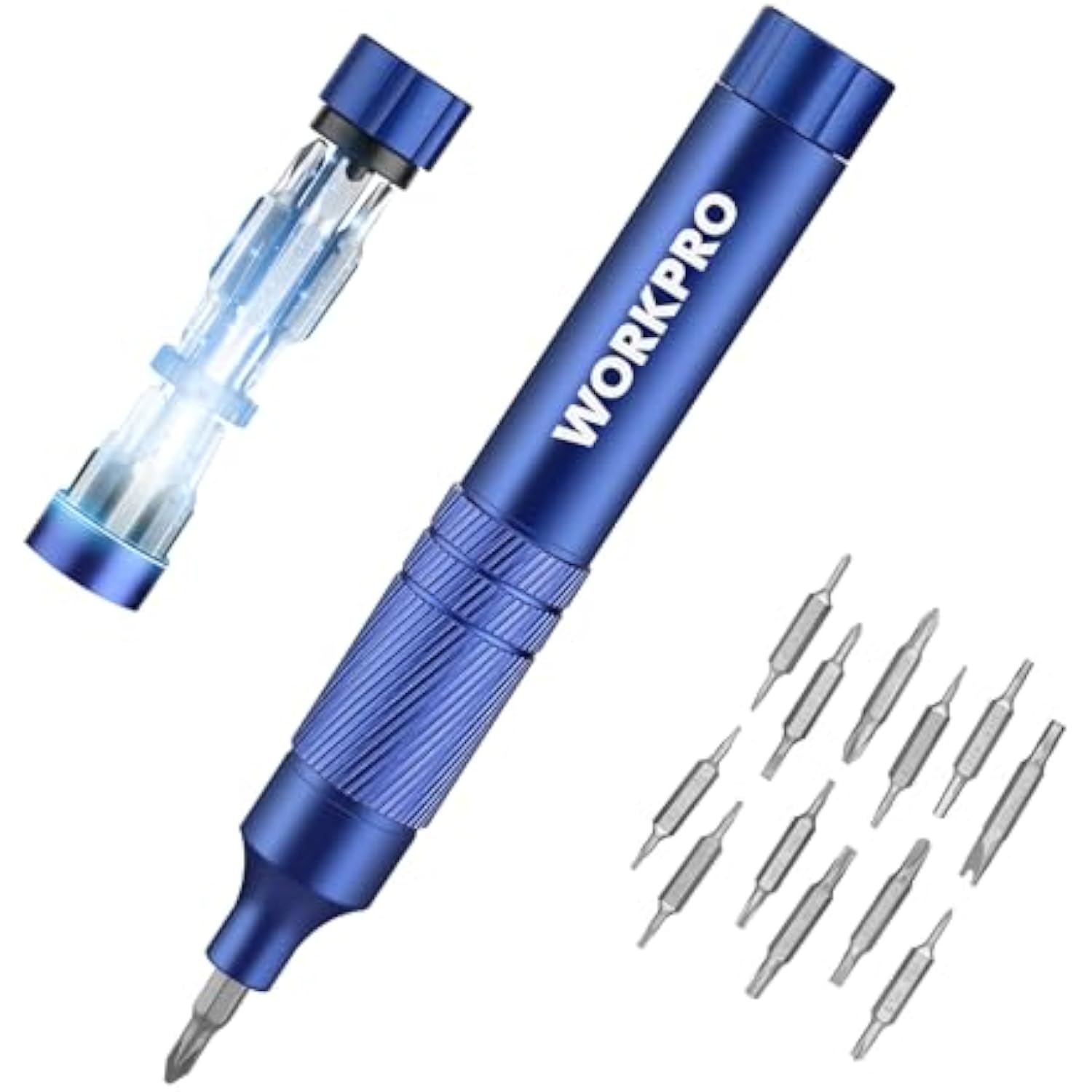 Blue WORKPRO multi-bit mini screwdriver with clear storage cap and extra bits