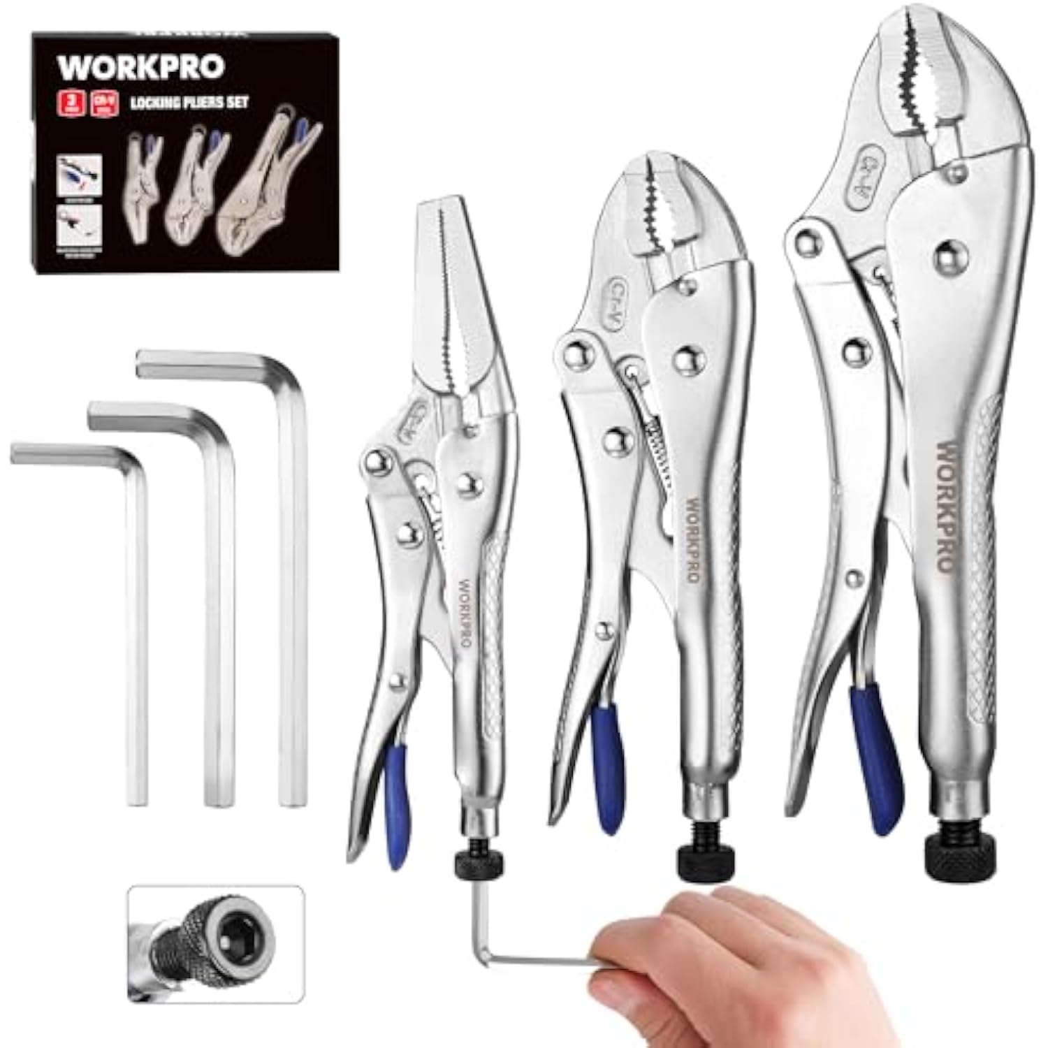 WORKPRO 3-piece locking pliers set with hex key holes and included Allen wrenches