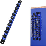Blue magnetic socket rail with multiple removable black clips