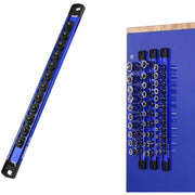 Blue magnetic socket rail with black clips for storing sockets in rows