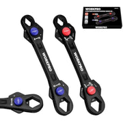 Two WORKPRO adjustable wrenches, black reversible heads with blue and red push buttons