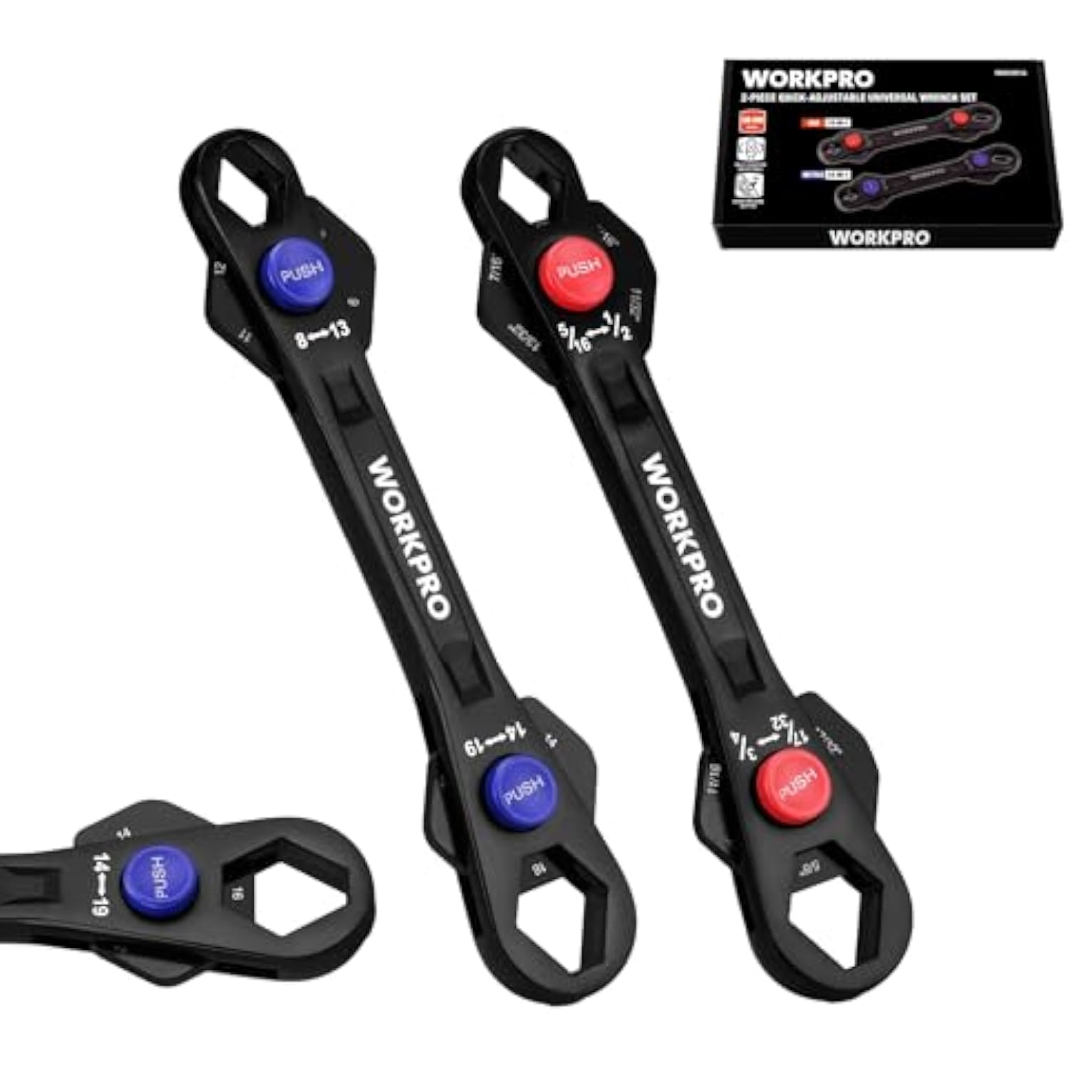 Two WORKPRO adjustable wrenches, black reversible heads with blue and red push buttons
