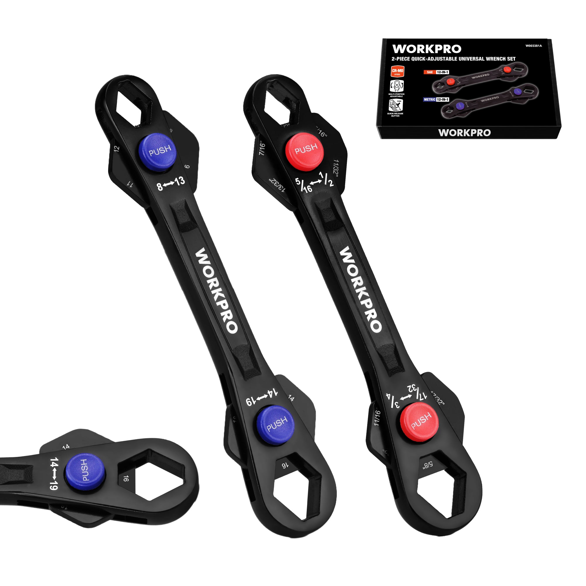 Two WORKPRO adjustable wrenches, black reversible heads with blue and red push buttons