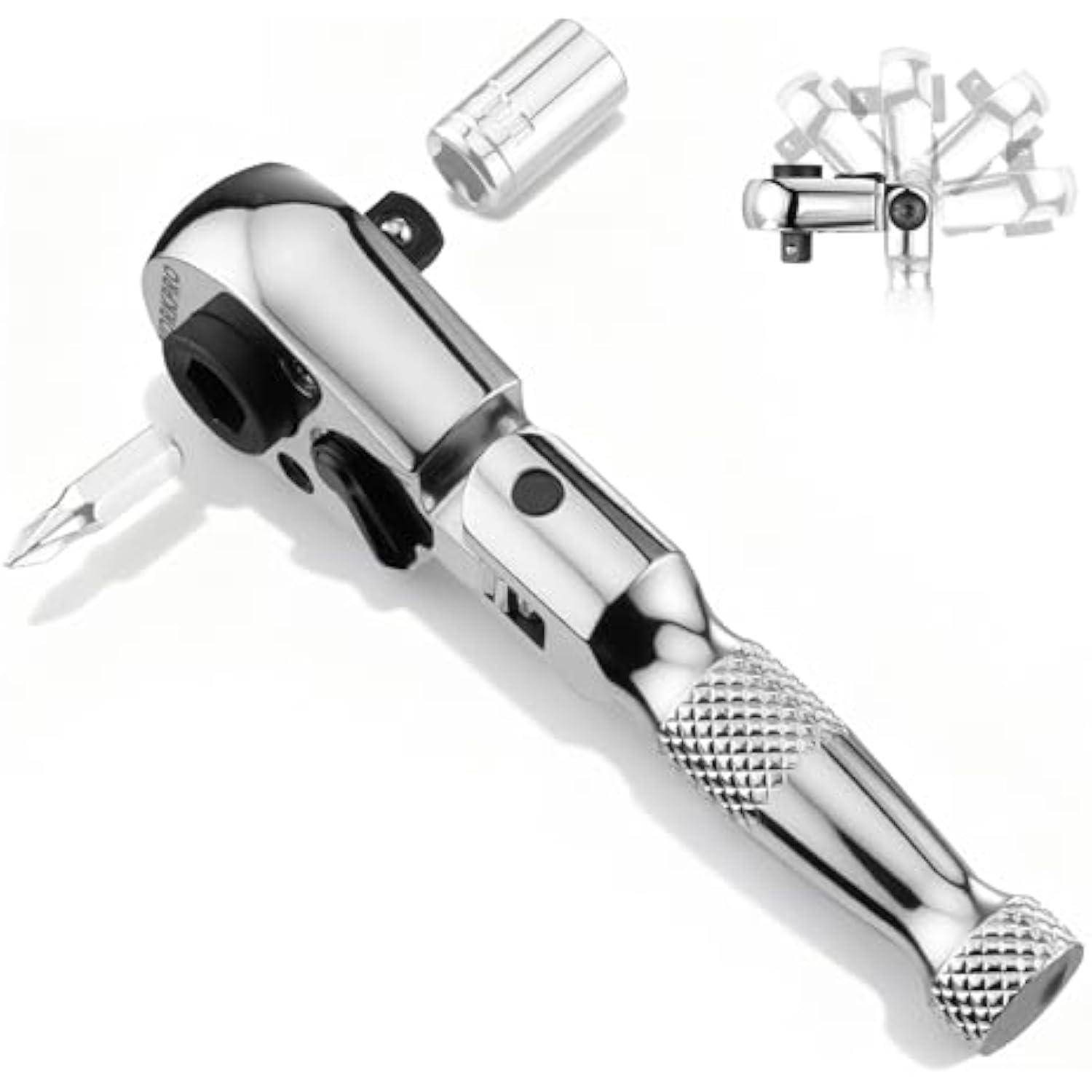 Chrome 1/4 in flex ratchet with textured grip and dual-socket head