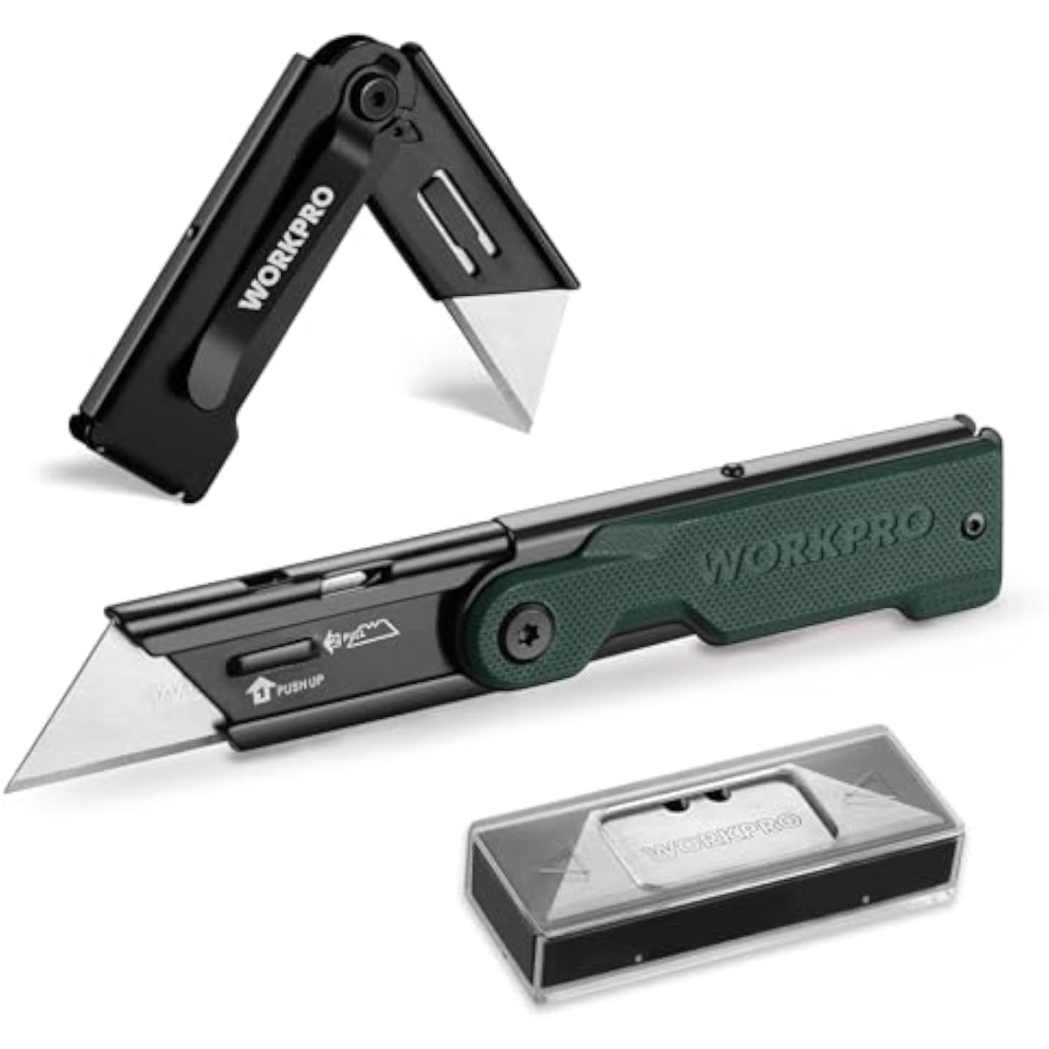 WORKPRO Folding Utility Knife with 10 Extra SK5 Blades, EDC Razor Sharp Knife with G10 Handle, Quick Change Box Cutter with Belt Clip, for Heavy Duty, DIY, Home, Office & Artcraft Use - Green