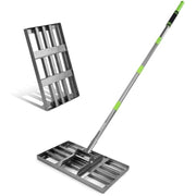 Lawn leveling rake with metal leveling frame and adjustable handle